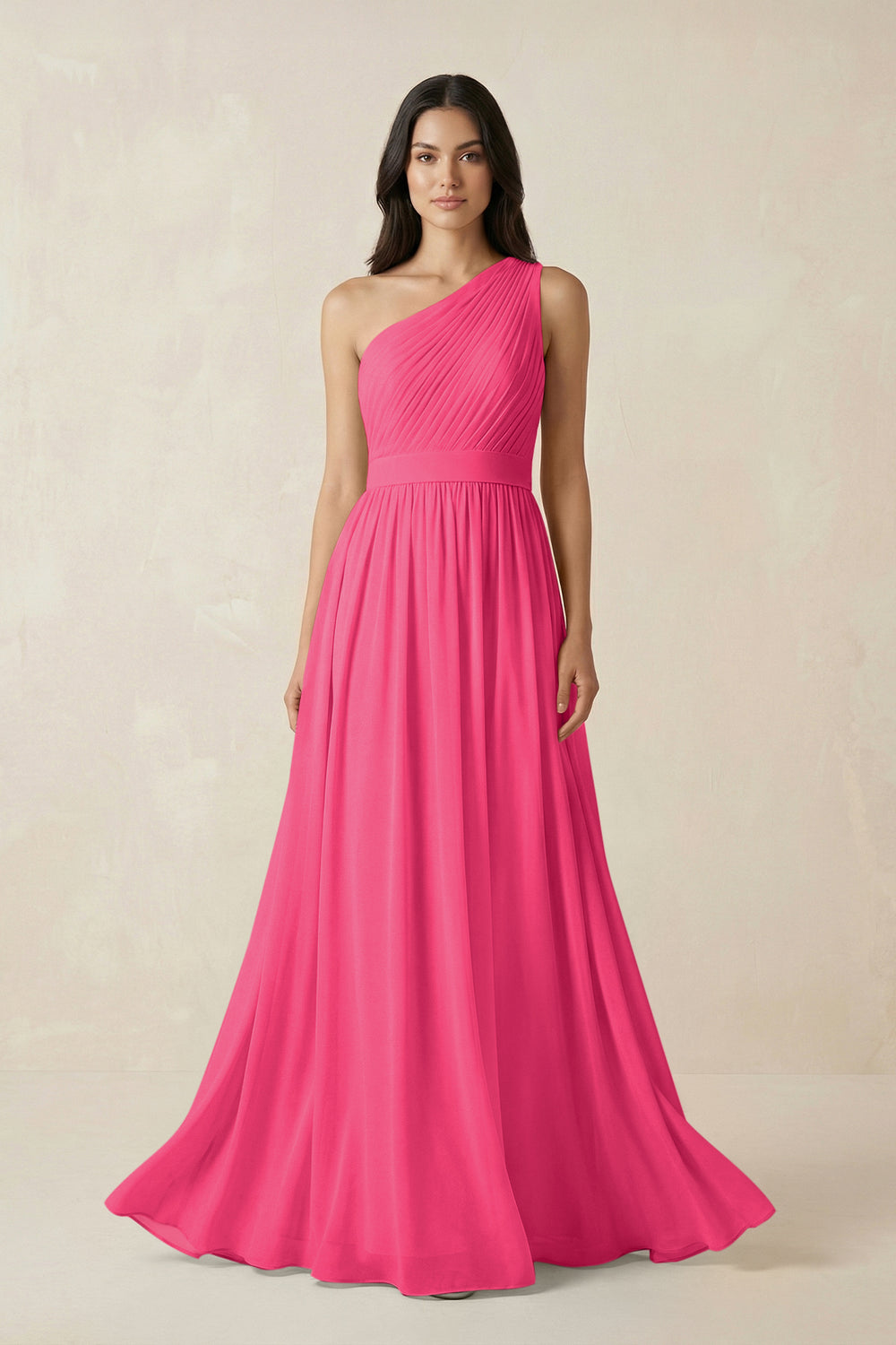 One-Shoulder Pleated Chiffon Bridesmaid Gown in Fuchsia