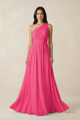 Fuchsia One-Shoulder Pleated Chiffon Bridesmaid Gown | KISSBRIDAL