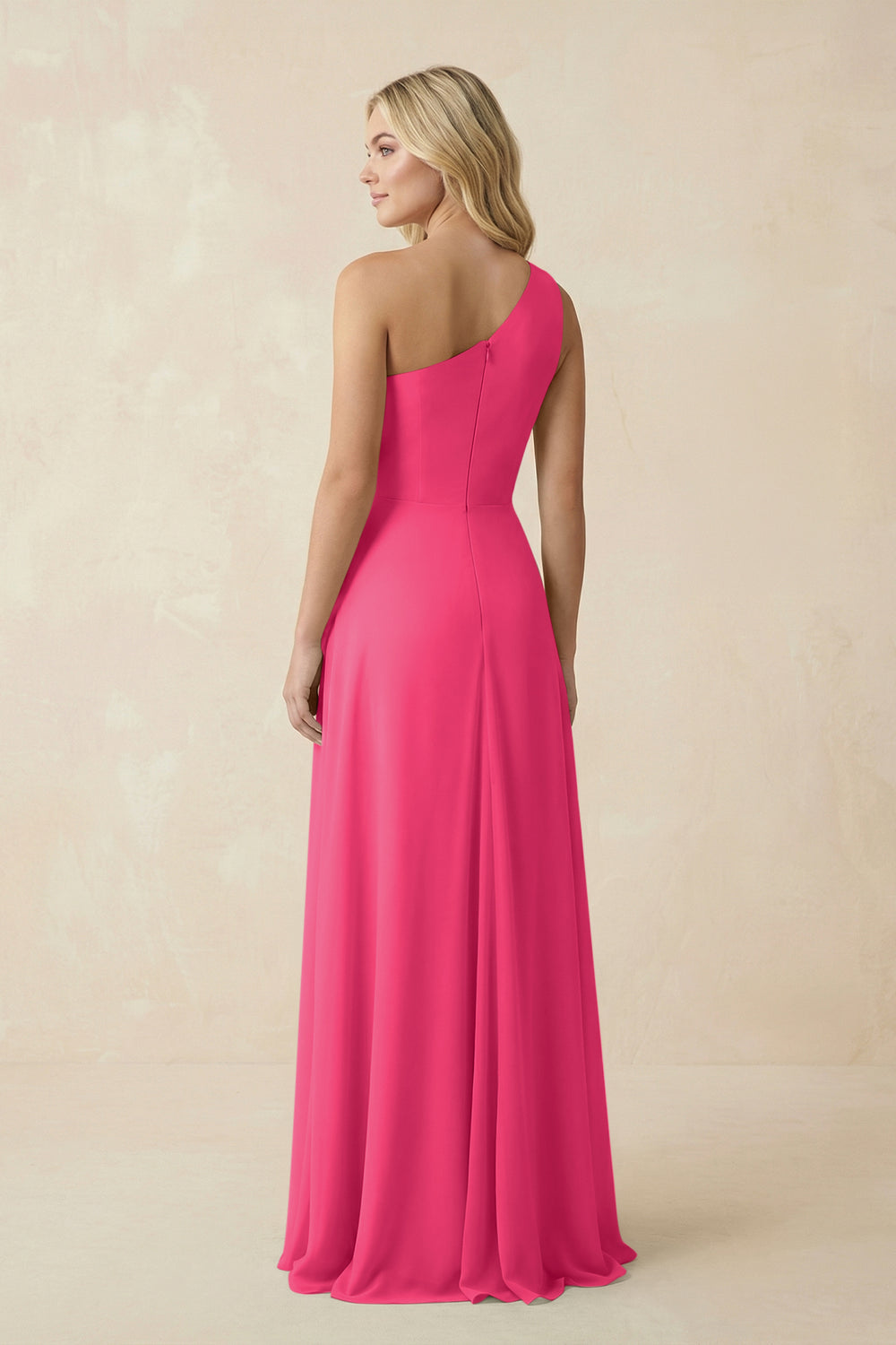 One-Shoulder Ruched A-Line Chiffon Bridesmaid Dress in Fuchsia