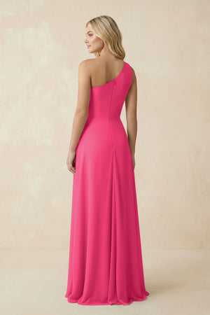 Fuchsia One-Shoulder Ruched A-Line Chiffon Bridesmaid Dress (2) | KISSBRIDAL