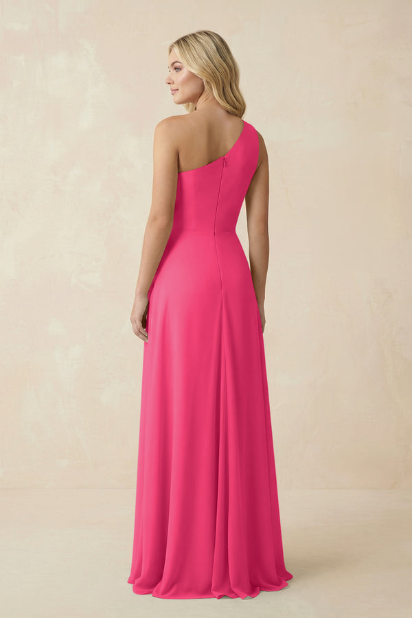 Fuchsia One-Shoulder Ruched A-Line Chiffon Bridesmaid Dress (2) | KISSBRIDAL