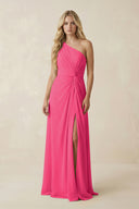 Fuchsia One-Shoulder Ruched A-Line Chiffon Bridesmaid Dress | KISSBRIDAL