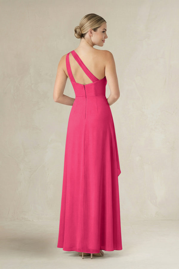 Fuchsia One-Shoulder Sheath Ruched Ruffled Bridesmaid Dress (2) | KISSBRIDAL