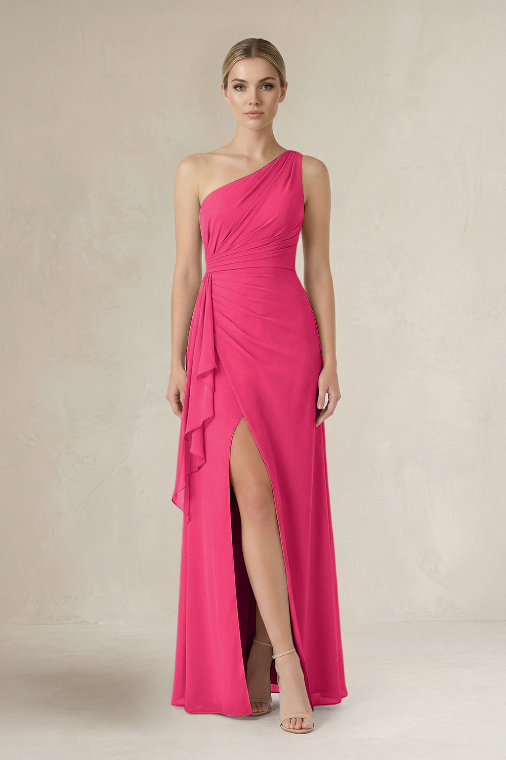One-Shoulder Sheath Ruched Ruffled Bridesmaid Dress in Fuchsia