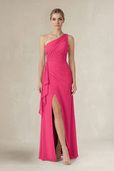 Fuchsia One-Shoulder Sheath Ruched Ruffled Bridesmaid Dress | KISSBRIDAL