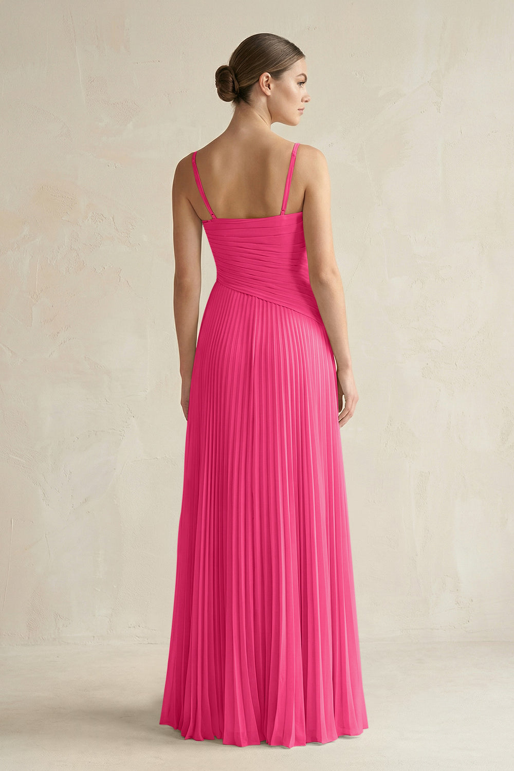 Pleated A-Line Long Chiffon Bridesmaid Dress in Fuchsia
