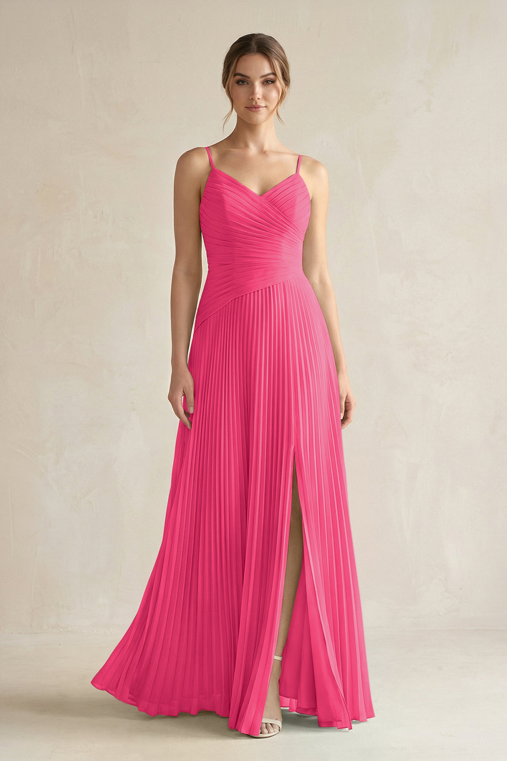 Pleated A-Line Long Chiffon Bridesmaid Dress in Fuchsia