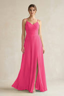 Fuchsia Pleated A-Line Long Chiffon Bridesmaid Dress | KISSBRIDAL
