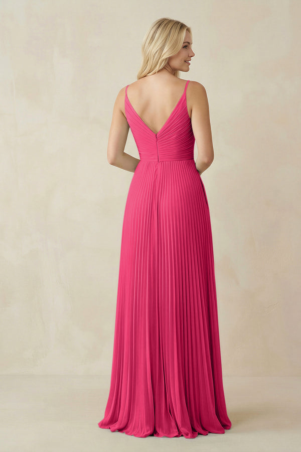 Fuchsia Pleated V-Neck A-Line Chiffon Bridesmaid Dress (2) | KISSBRIDAL