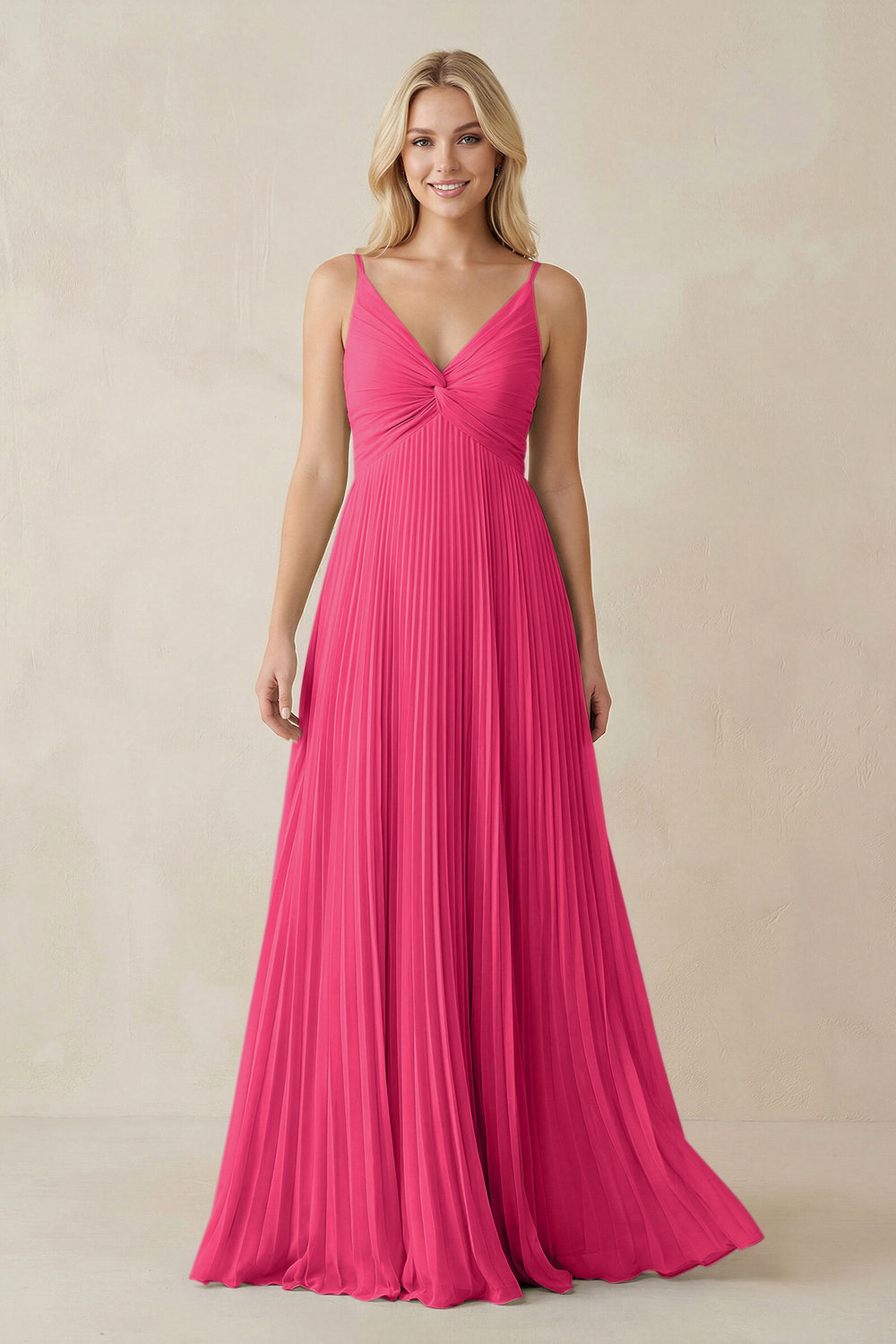 Pleated V-Neck A-Line Chiffon Bridesmaid Dress in Fuchsia