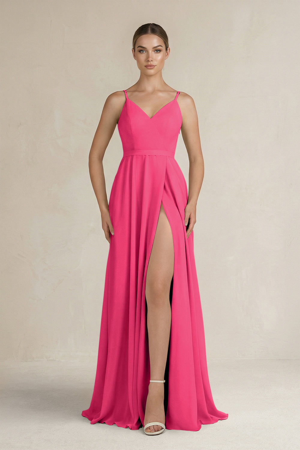 Ruched A-Line Chiffon Bridesmaid Dress with Slit in Fuchsia