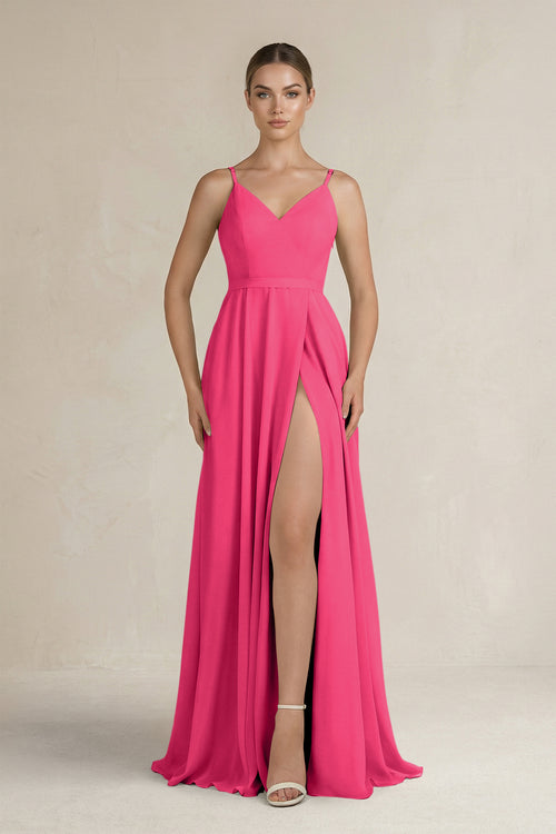 Fuchsia Ruched A-Line Chiffon Bridesmaid Dress with Slit | KISSBRIDAL