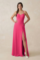 Fuchsia Ruched Sheath Chiffon Bridesmaid Dress | KISSBRIDAL