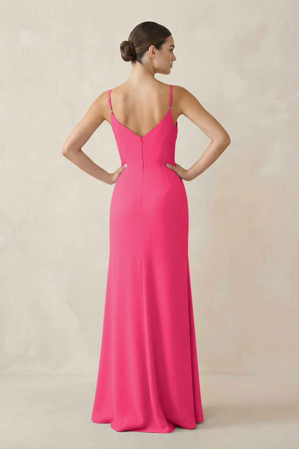 Ruched Sheath Spaghetti Strap Chiffon Bridesmaid Dress in Fuchsia