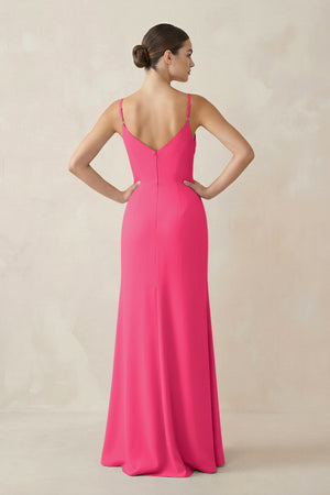 Fuchsia Ruched Sheath Spaghetti Strap Chiffon Bridesmaid Dress (2) | KISSBRIDAL