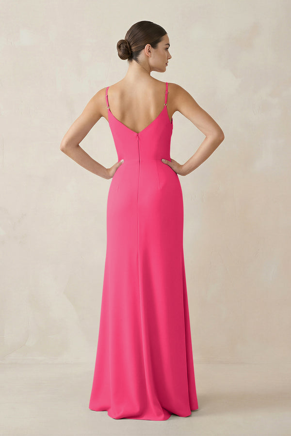 Fuchsia Ruched Sheath Spaghetti Strap Chiffon Bridesmaid Dress (2) | KISSBRIDAL