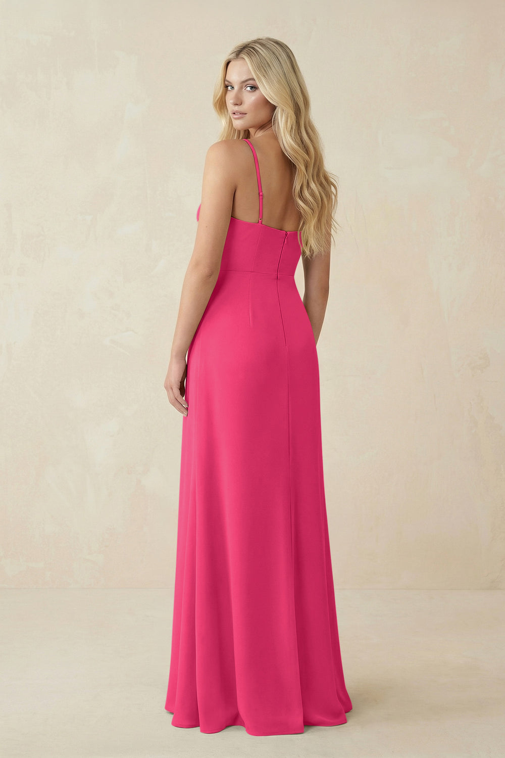 Ruched Sheath Spaghetti Strap Chiffon Bridesmaid Dress in Fuchsia
