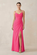 Fuchsia Ruched Sheath Spaghetti Strap Chiffon Bridesmaid Dress | KISSBRIDAL