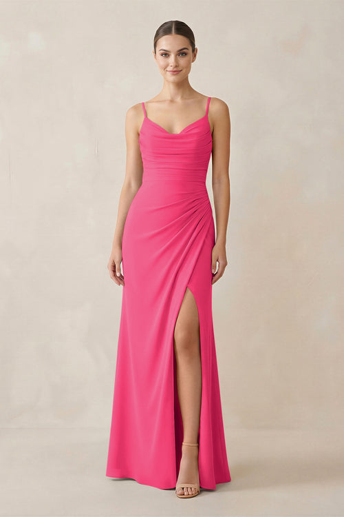 Fuchsia Ruched Sheath Spaghetti Strap Chiffon Bridesmaid Dress | KISSBRIDAL