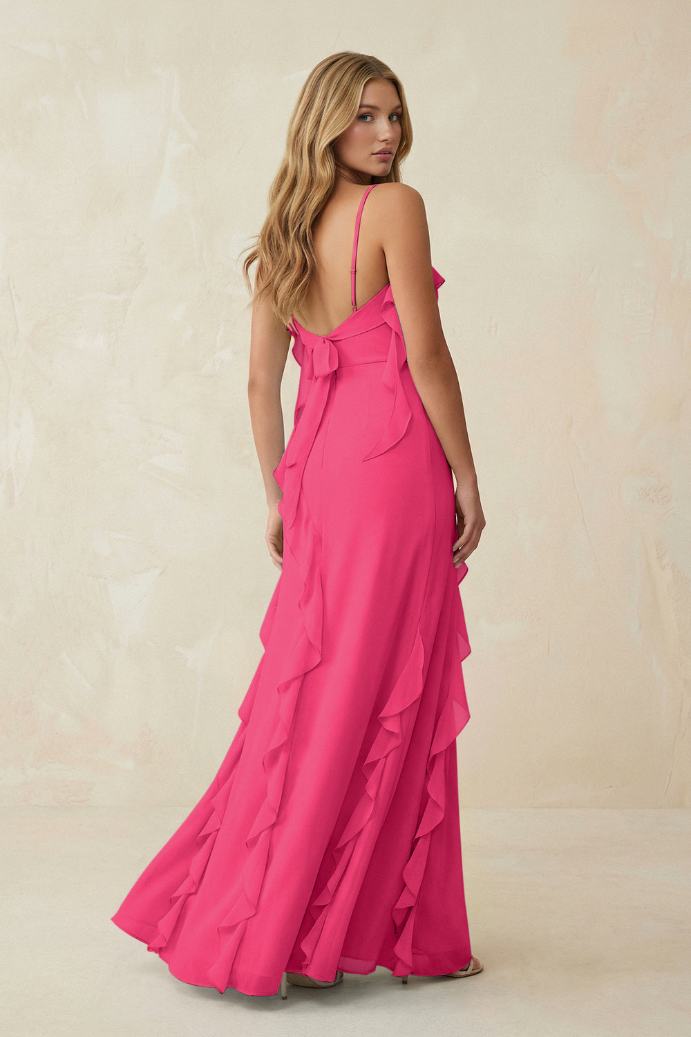 Ruffled Cami Strap Chiffon Sheath Bridesmaid Dress in Fuchsia