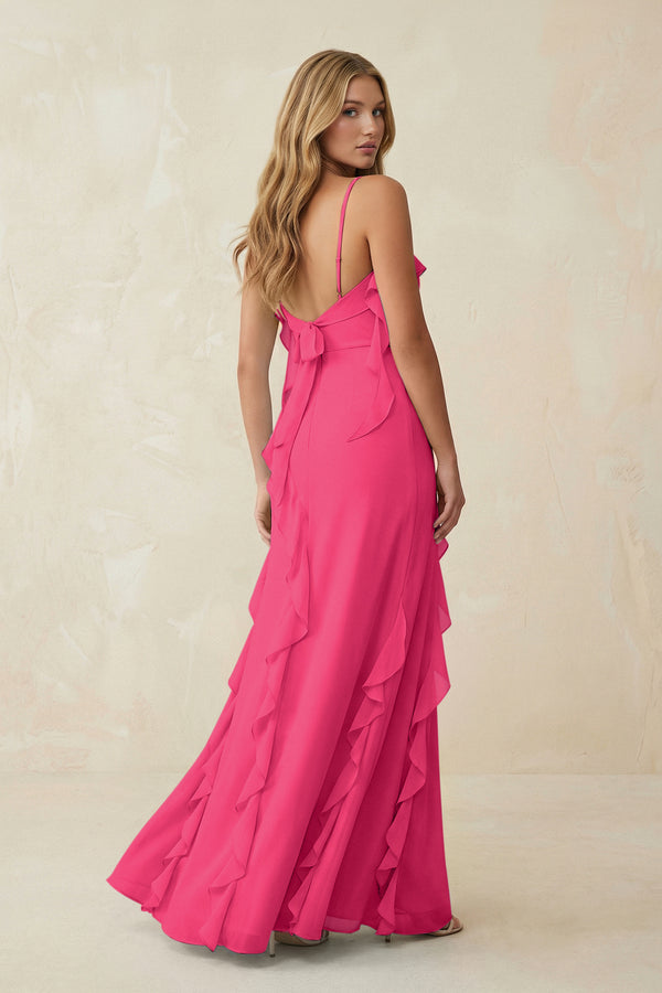Fuchsia Ruffled Cami Strap Chiffon Sheath Bridesmaid Dress (2) | KISSBRIDAL