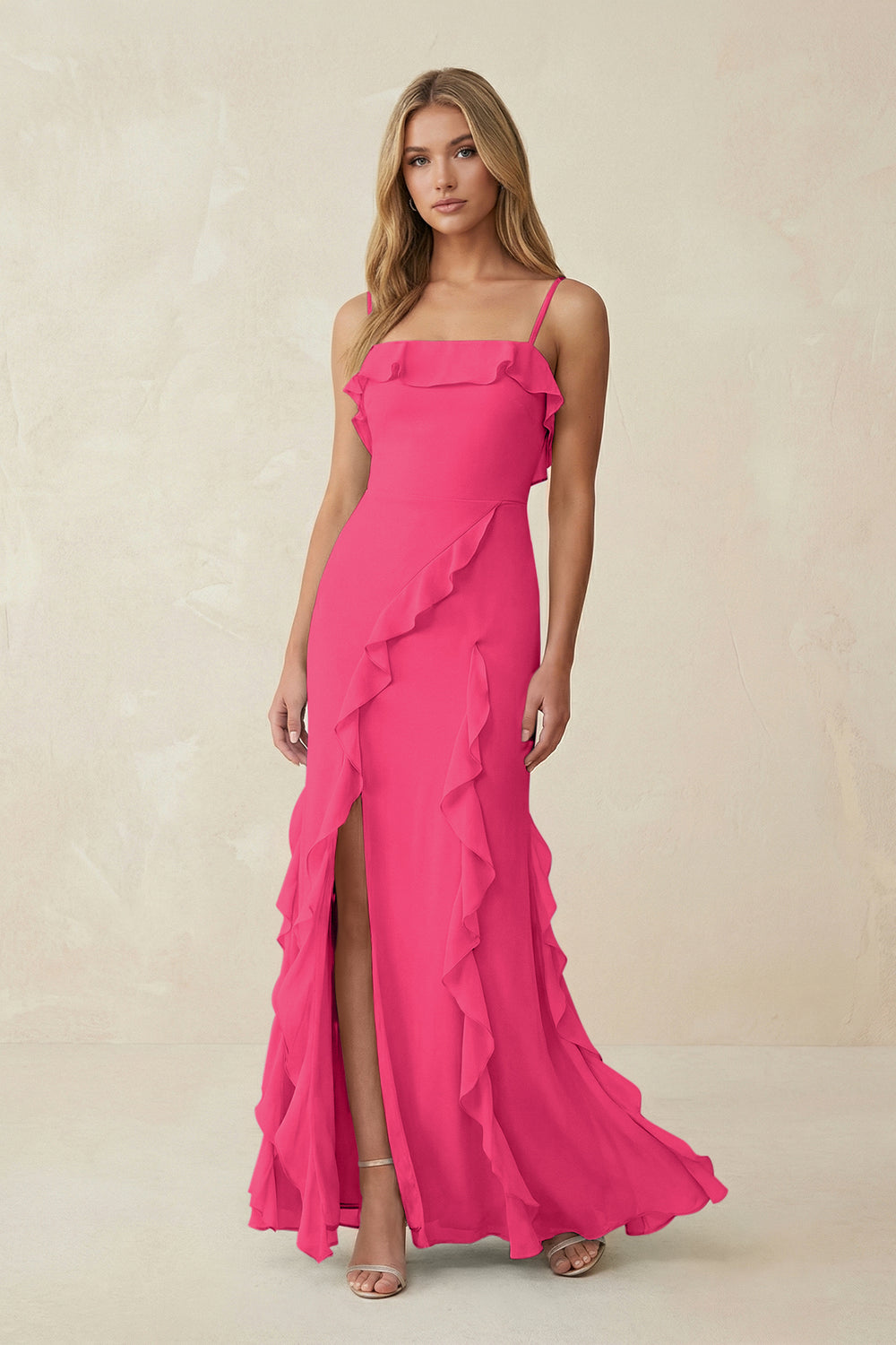 Ruffled Cami Strap Chiffon Sheath Bridesmaid Dress in Fuchsia