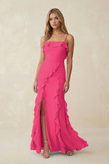 Fuchsia Ruffled Cami Strap Chiffon Sheath Bridesmaid Dress | KISSBRIDAL