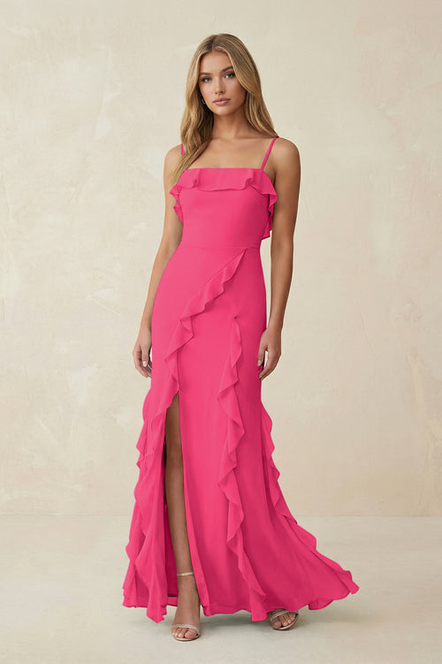 Fuchsia Ruffled Cami Strap Chiffon Sheath Bridesmaid Dress | KISSBRIDAL