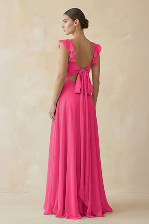 Fuchsia Ruffled Chiffon A-Line Long Bridesmaid Dress (2) | KISSBRIDAL