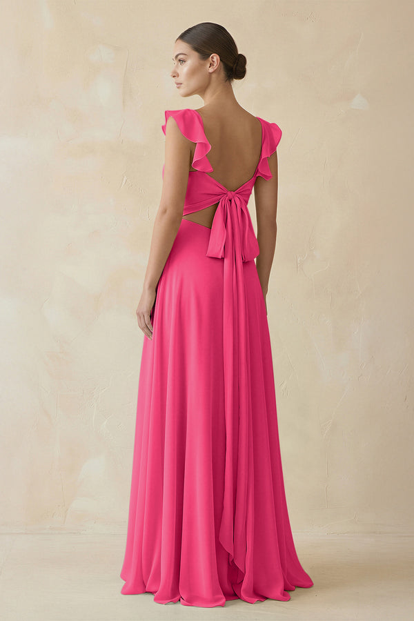 Fuchsia Ruffled Chiffon A-Line Long Bridesmaid Dress (2) | KISSBRIDAL