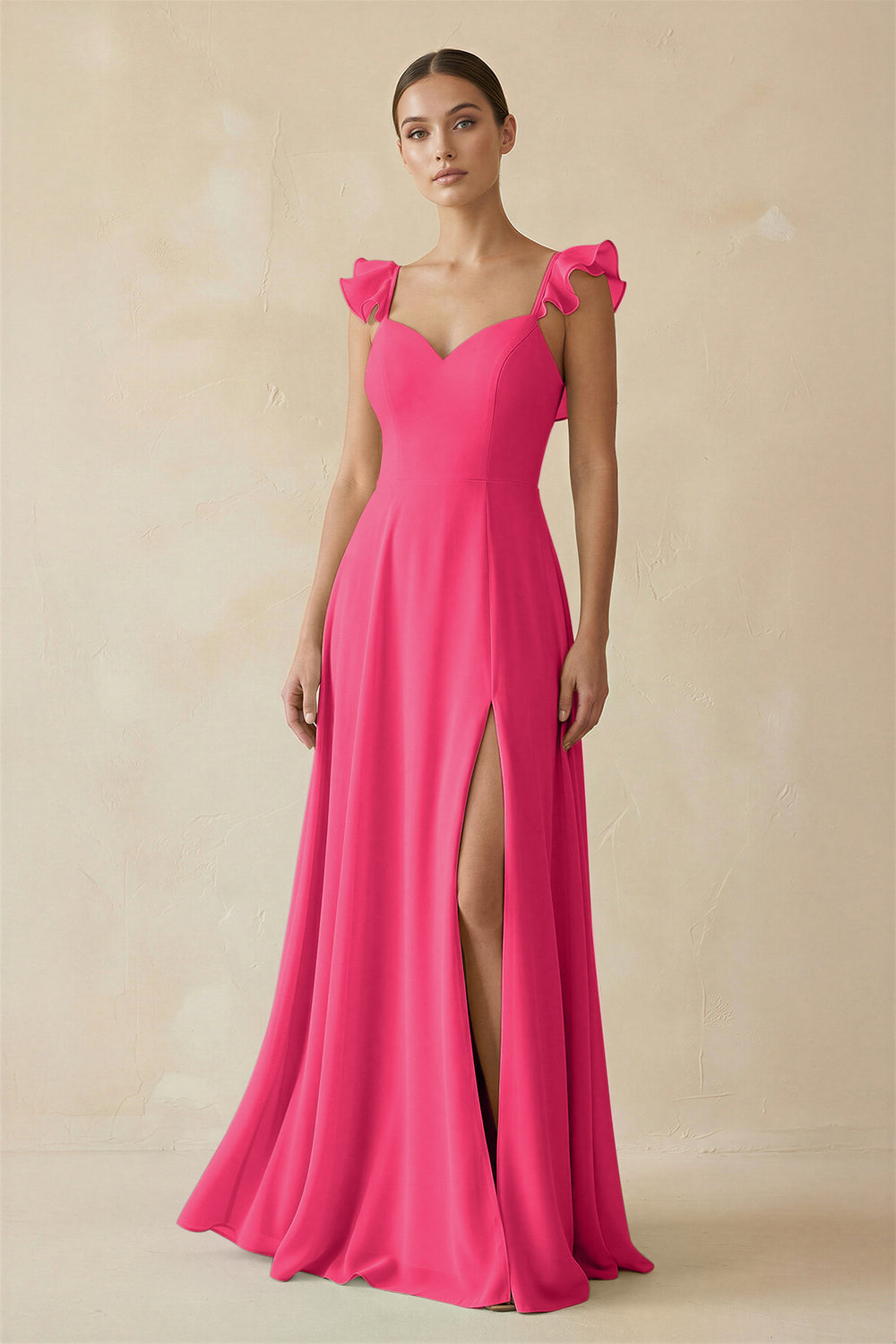 Ruffled Chiffon A-Line Long Bridesmaid Dress in Fuchsia