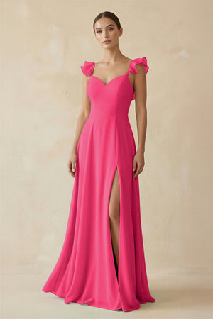 Fuchsia Ruffled Chiffon A-Line Long Bridesmaid Dress | KISSBRIDAL