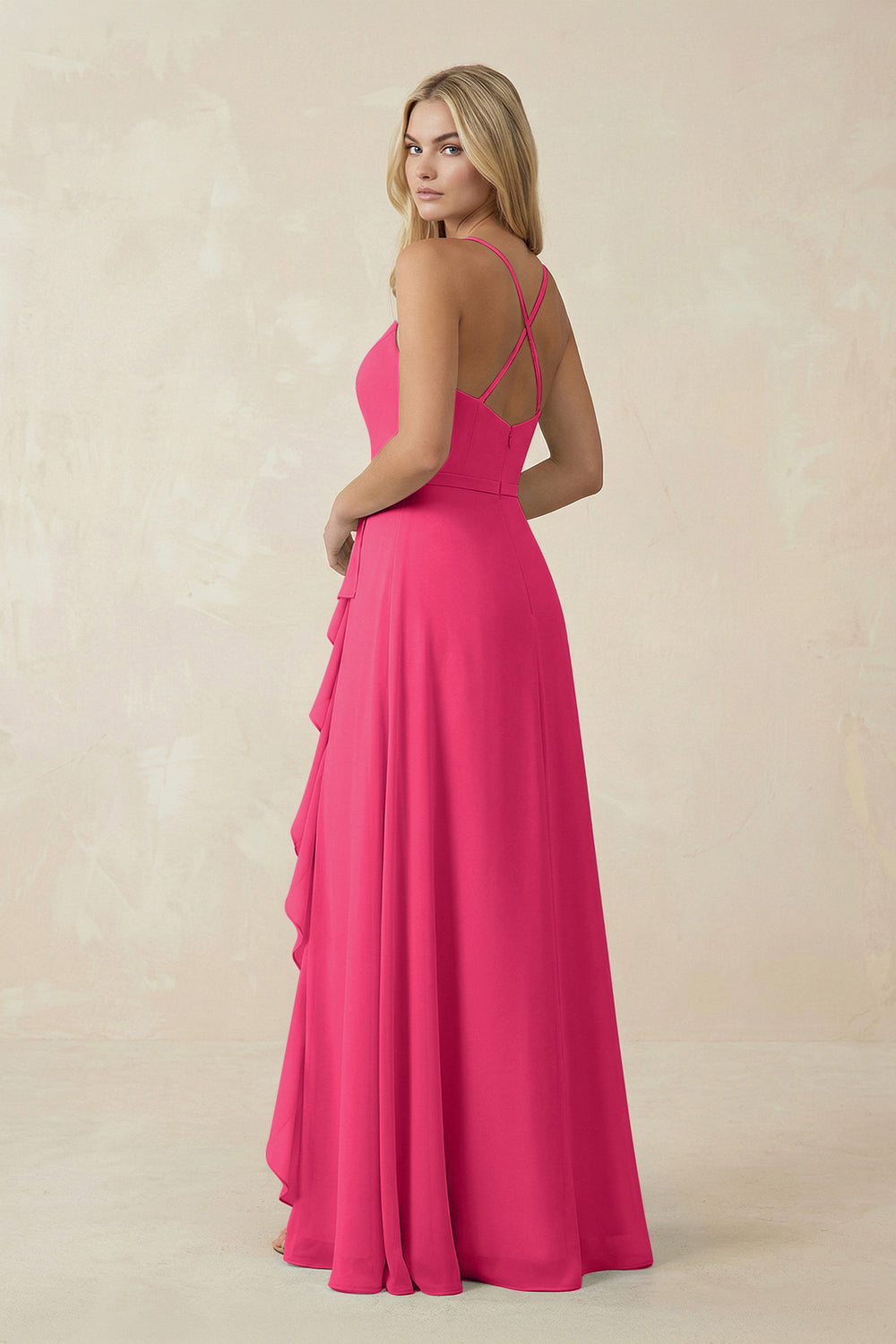 Ruffled Hem A-Line Chiffon Bridesmaid Dress in Fuchsia