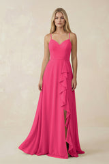 Fuchsia Ruffled Hem A-Line Chiffon Bridesmaid Dress | KISSBRIDAL