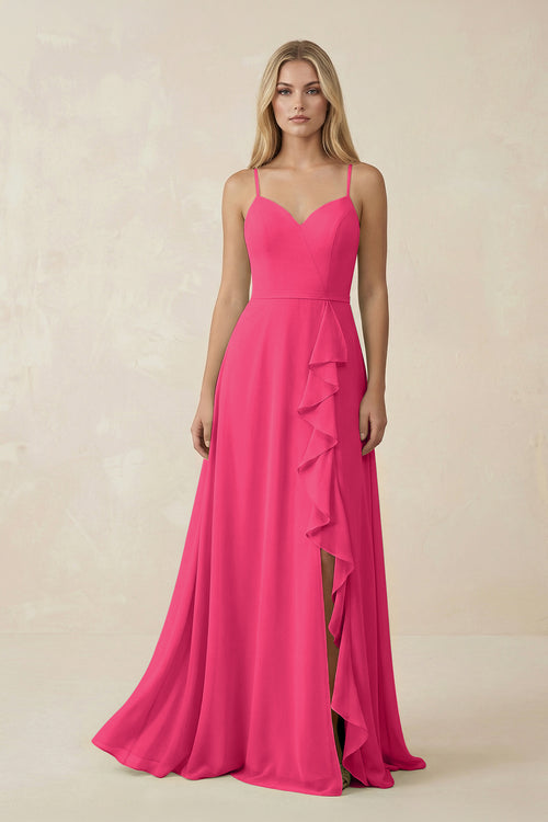 Fuchsia Ruffled Hem A-Line Chiffon Bridesmaid Dress | KISSBRIDAL
