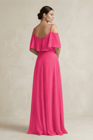 Fuchsia Ruffled Off-the-Shoulder A-Line Chiffon Bridesmaid Gown (2) | KISSBRIDAL
