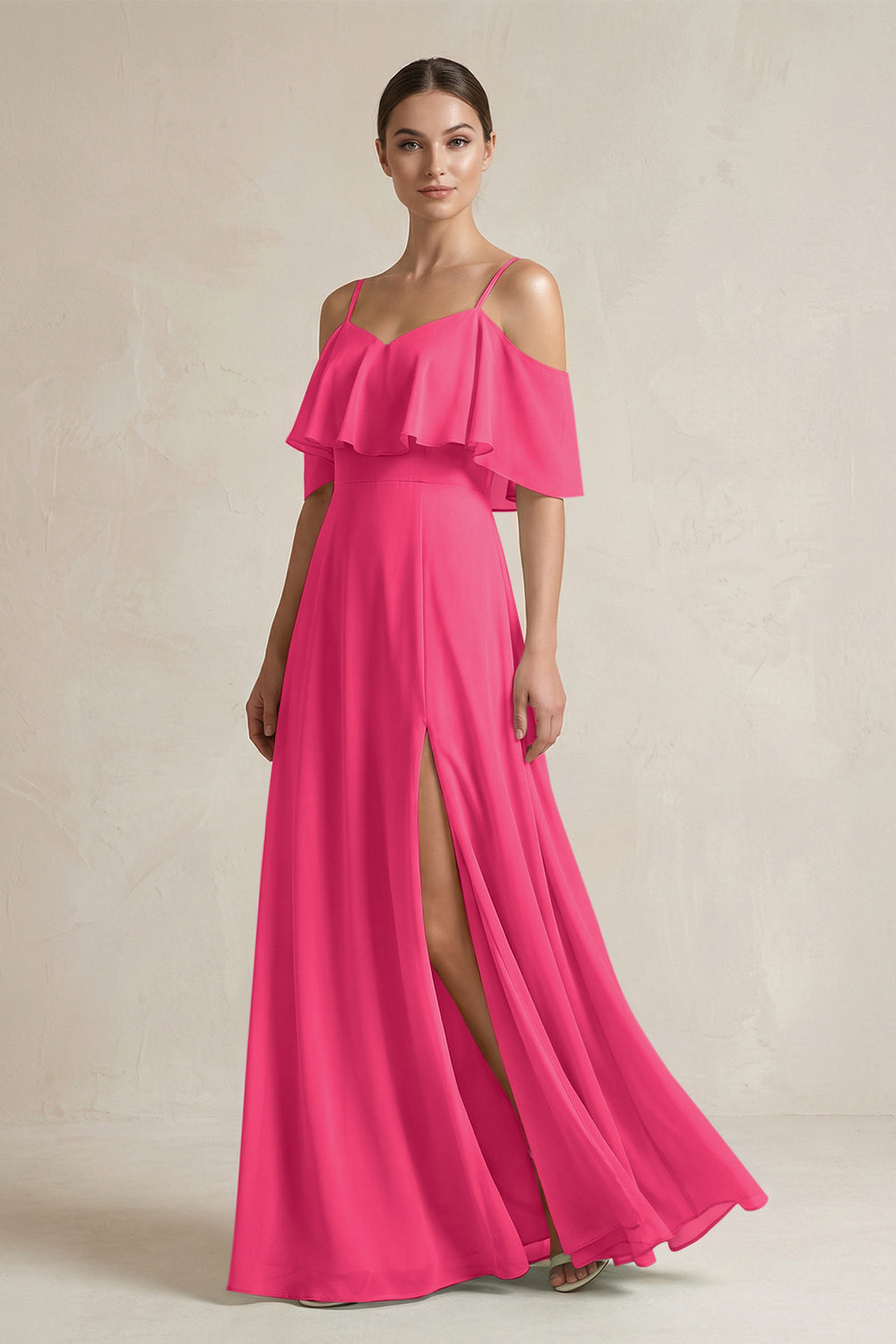 Ruffled Off-the-Shoulder A-Line Chiffon Bridesmaid Gown in Fuchsia