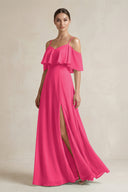 Fuchsia Ruffled Off-the-Shoulder A-Line Chiffon Bridesmaid Gown | KISSBRIDAL