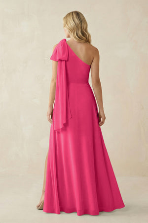 Fuchsia Ruffled One Shoulder Chiffon Bridesmaid Dress With Slit in Fuchsia (2) | KISSBRIDAL