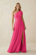 Fuchsia Ruffled One Shoulder Chiffon Bridesmaid Dress With Slit in Fuchsia | KISSBRIDAL
