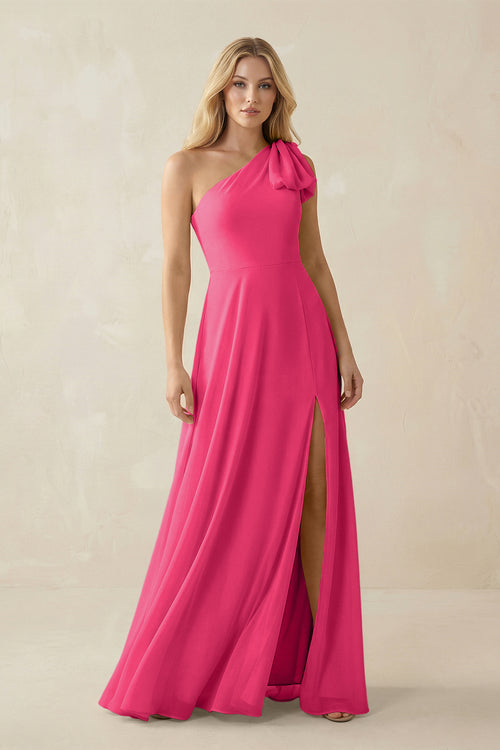 Fuchsia Ruffled One Shoulder Chiffon Bridesmaid Dress With Slit in Fuchsia | KISSBRIDAL