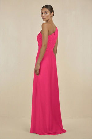 Fuchsia Ruffled One-Shoulder Pleated Sheath Bridesmaid Dress (2) | KISSBRIDAL