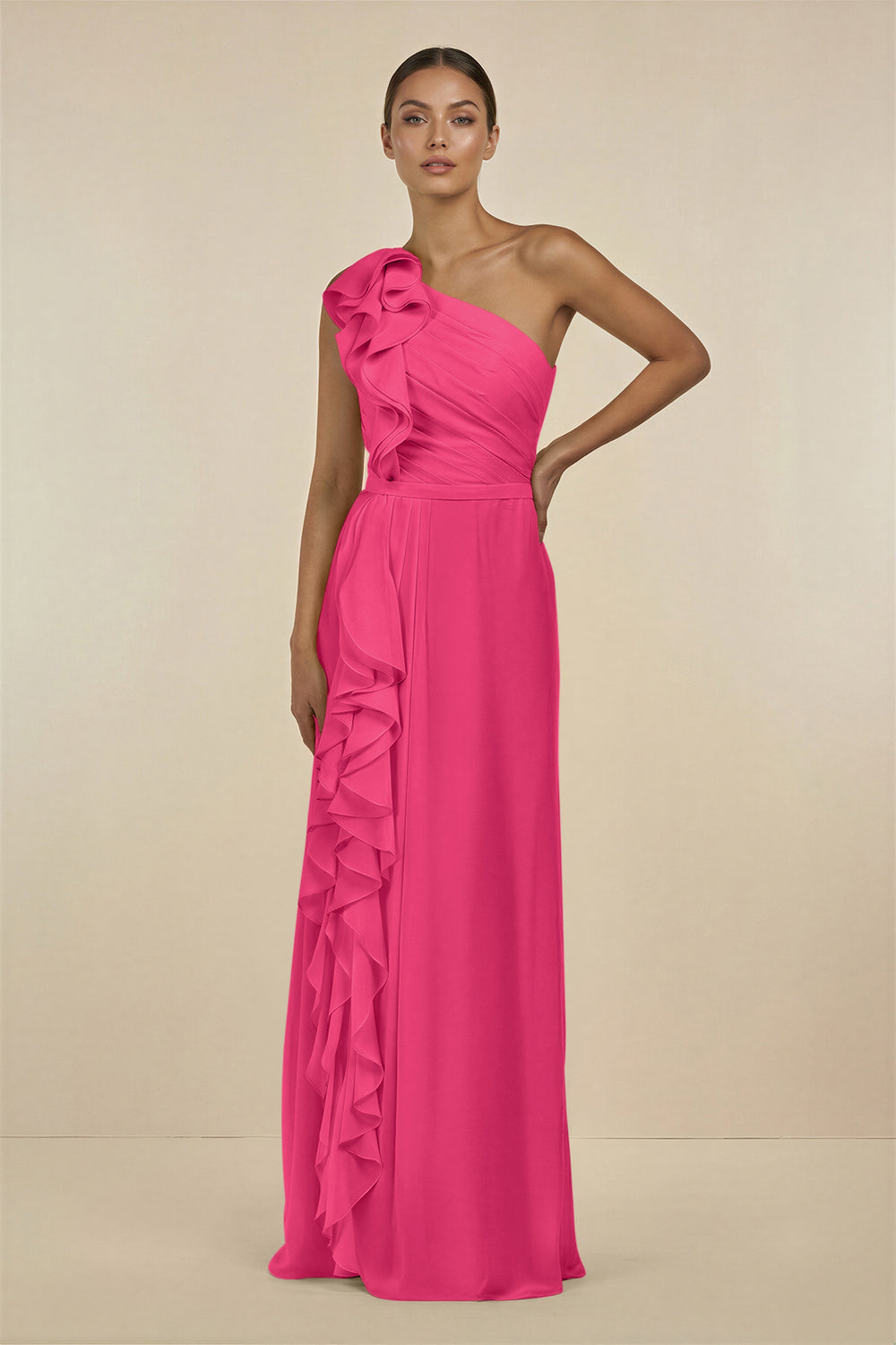 Ruffled One-Shoulder Pleated Sheath Bridesmaid Dress in Fuchsia