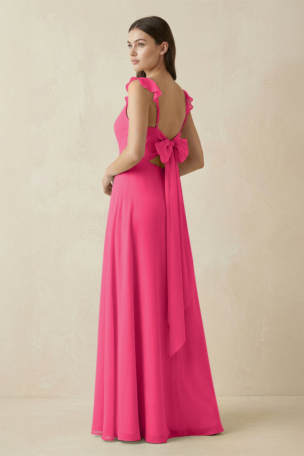 Ruffled Sleeve A-Line Chiffon Bridesmaid Dress in Fuchsia