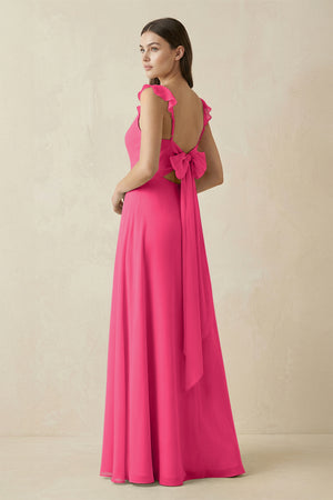 Fuchsia Ruffled Sleeve A-Line Chiffon Bridesmaid Dress (2) | KISSBRIDAL