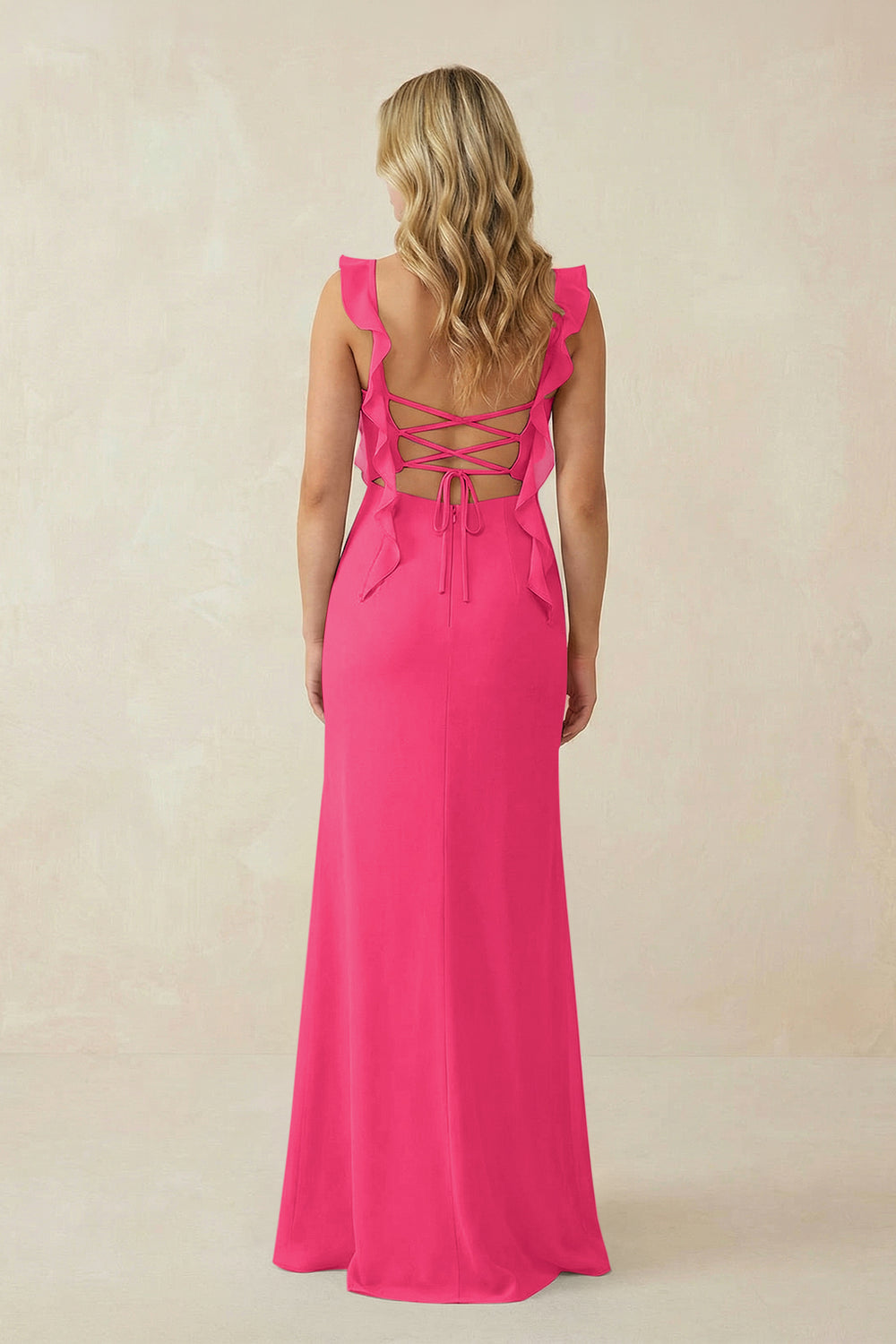 Ruffled Sleeve Ruched Sheath Chiffon Bridesmaid Dress in Fuchsia