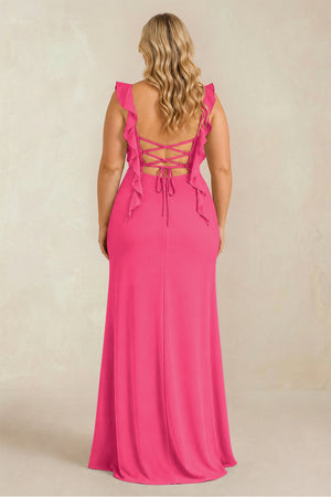 Fuchsia Ruffled Sleeve Ruched Sheath Chiffon Bridesmaid Dress (2) [sizeplus] | KISSBRIDAL