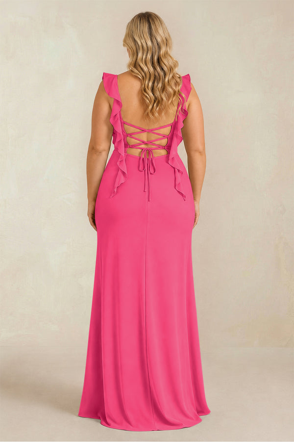 Fuchsia Ruffled Sleeve Ruched Sheath Chiffon Bridesmaid Dress (2) [sizeplus] | KISSBRIDAL