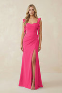 Fuchsia Ruffled Sleeve Ruched Sheath Chiffon Bridesmaid Dress | KISSBRIDAL