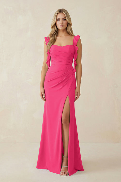 Fuchsia Ruffled Sleeve Ruched Sheath Chiffon Bridesmaid Dress | KISSBRIDAL